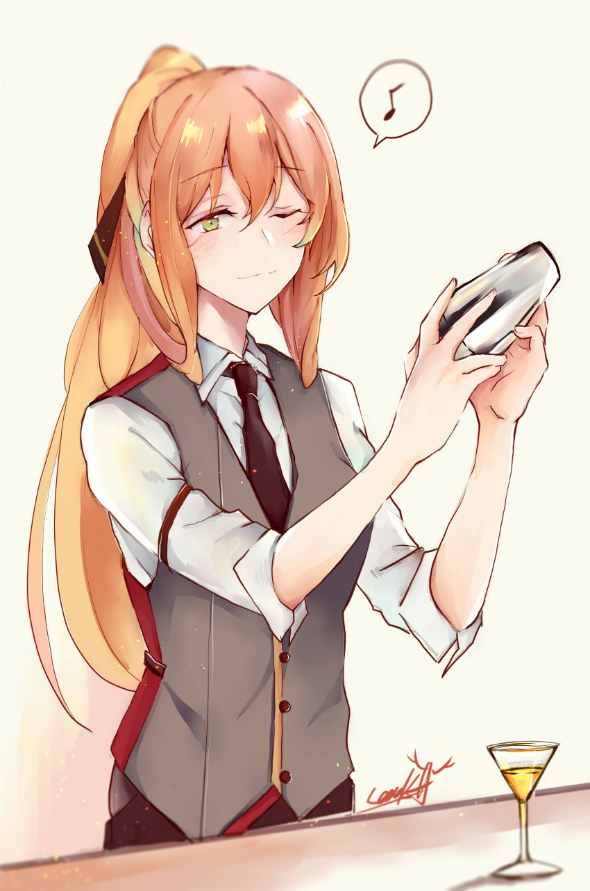 absurdres bartender blush cocktail_glass cocktail_shaker cocoka cup drinking_glass eighth_note girls_frontline green_eyes highres long_hair looking_at_viewer m1903_springfield_(girls_frontline) musical_note one_eye_closed orange_hair simple_background smile solo spoken_musical_note