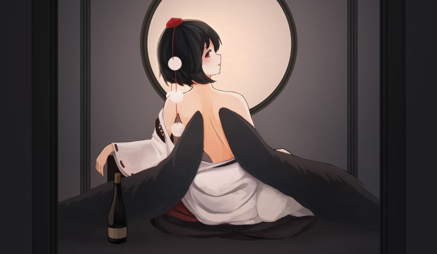 back bad_id bad_pixiv_id banned_artist bare_shoulders bimuri bird_wings black_hair black_wings bottle commentary_request highres looking_at_viewer looking_back red_eyes shameimaru_aya short_hair solo touhou undressing wine_bottle wings