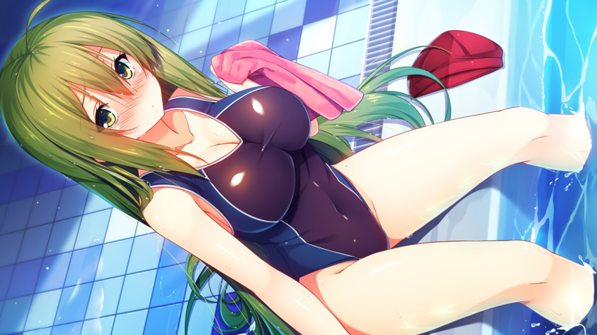 aristear_remain blush breasts cleavage competition_swimsuit game_cg green_eyes greyscale holding holding_towel ichinose_anzu large_breasts long_hair looking_at_viewer monochrome nose_blush official_art one-piece_swimsuit poolside rozea_(graphmelt) sitting solo swimsuit towel