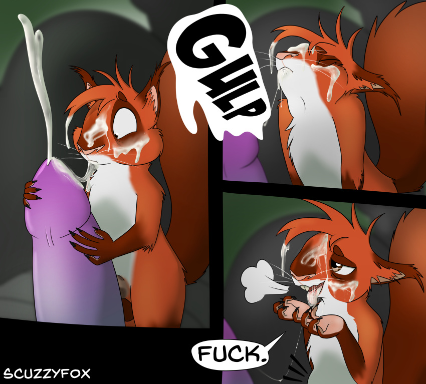 2018 absurd_res arrow_(scuzzyfox) balls claws comic cum cum_in_mouth cum_inflation cum_inside cum_on_face cumshot dialogue disembodied_penis duo ejaculation english_text feral hi_res inflation male male/male mammal messy open_mouth orgasm penis red_squirrel reed_(scuzzyfox) rodent scuzzyfox semi-anthro shaded sign_language signature size_difference solo_focus squirrel teeth text tongue