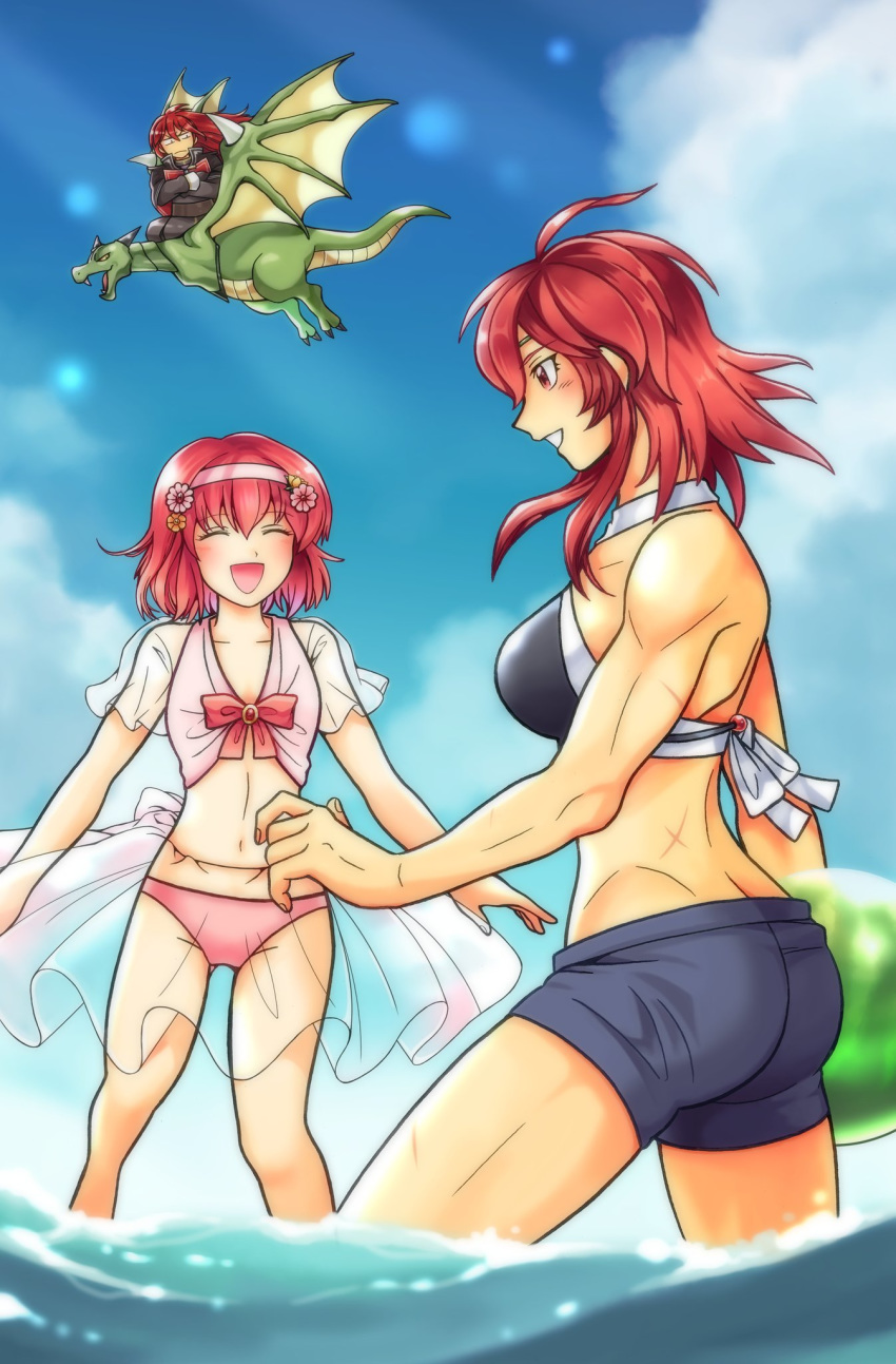 2girls blue_sky brother_and_sister closed_eyes closed_mouth cloud commentary_request crossed_arms day dragon fire_emblem fire_emblem:_monshou_no_nazo flower from_side hair_flower hair_ornament hairband highres long_hair long_sleeves maria_(fire_emblem) minerva_(fire_emblem) misheil_(fire_emblem) multiple_girls open_mouth pink_swimsuit red_eyes red_hair riding scar see-through short_hair shorts siblings sisters sky standing swimsuit torisan_377 wading water wyvern