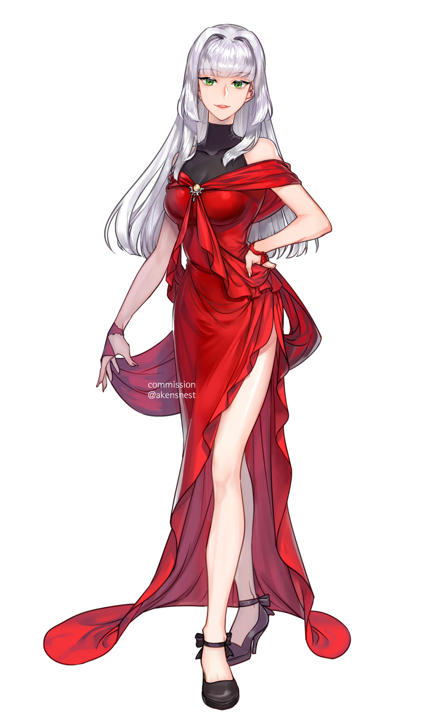 1girl :d absurdres aken bangs bare_shoulders blunt_bangs dress eyebrows_visible_through_hair full_body green_eyes hand_on_hip high_heels highres long_hair open_mouth original red_dress silver_hair simple_background sleeveless smile solo teeth white_background