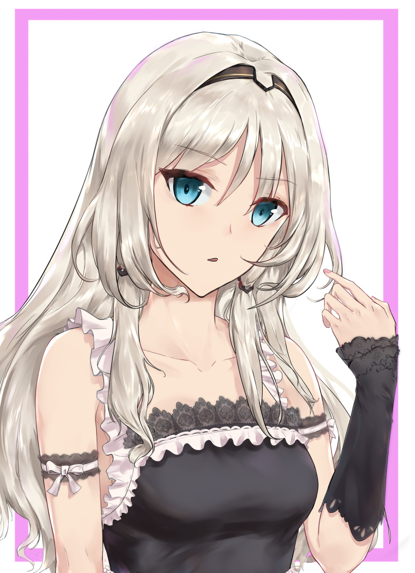 absurdres alternate_costume an-94_(girls_frontline) bands bare_shoulders blonde_hair blue_eyes enmaided girls_frontline hairband hand_up highres long_hair looking_at_viewer maid open_mouth solo user_qeg5954 white_background