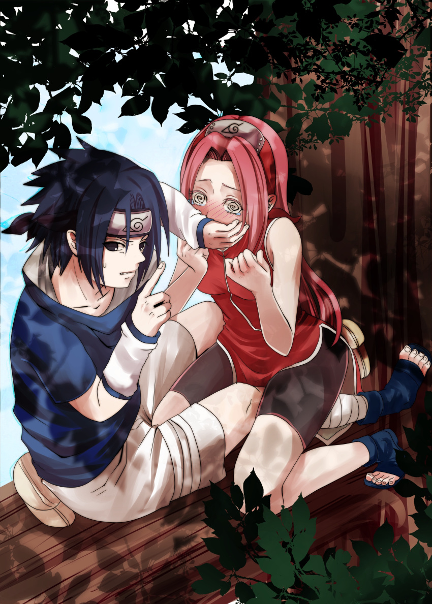 1girl absurdres bandages bandana bike_shorts black_eyes black_shorts blue_hair blue_shirt collarbone commentary_request covering_mouth hand_over_another's_mouth haruno_sakura highres in_tree index_finger_raised kneeling long_hair naruto naruto_(series) outdoors pink_hair sakura_(0tjagjmgptjm) shirt short_sleeves shorts sitting sitting_in_tree sleeveless sweatdrop tree uchiha_sasuke very_long_hair white_shorts