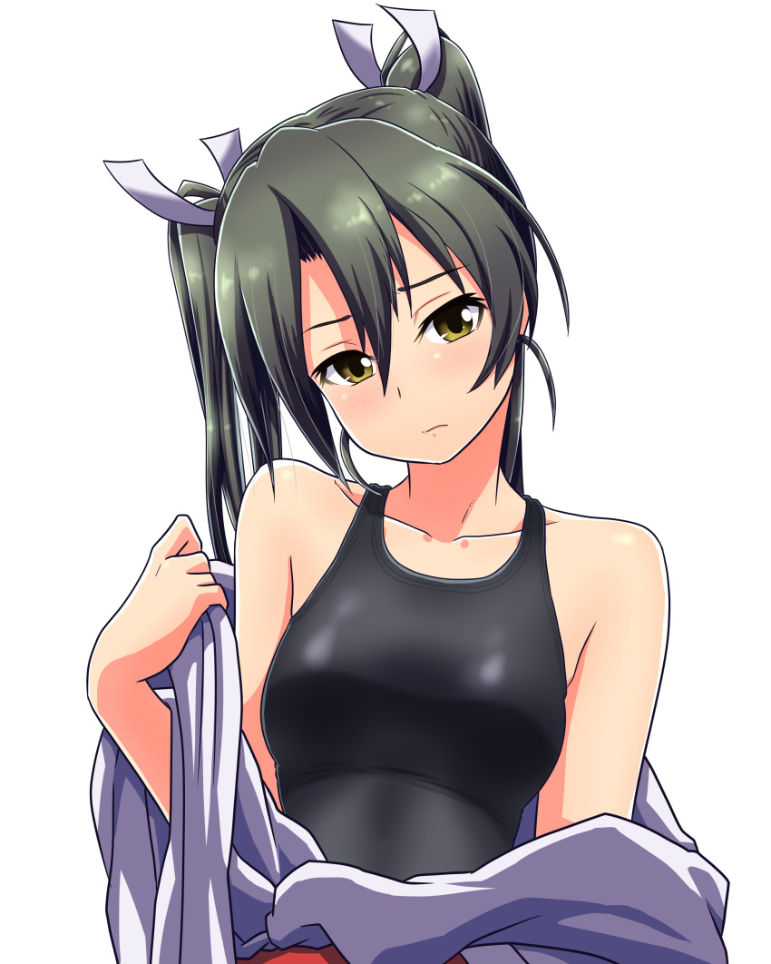 absurdres collarbone competition_swimsuit green_eyes green_hair hair_ribbon highres japanese_clothes kantai_collection long_hair one-piece_swimsuit ribbon simple_background solo swimsuit tennouji_masamichi twintails undressing white_background white_ribbon zuikaku_(kantai_collection)