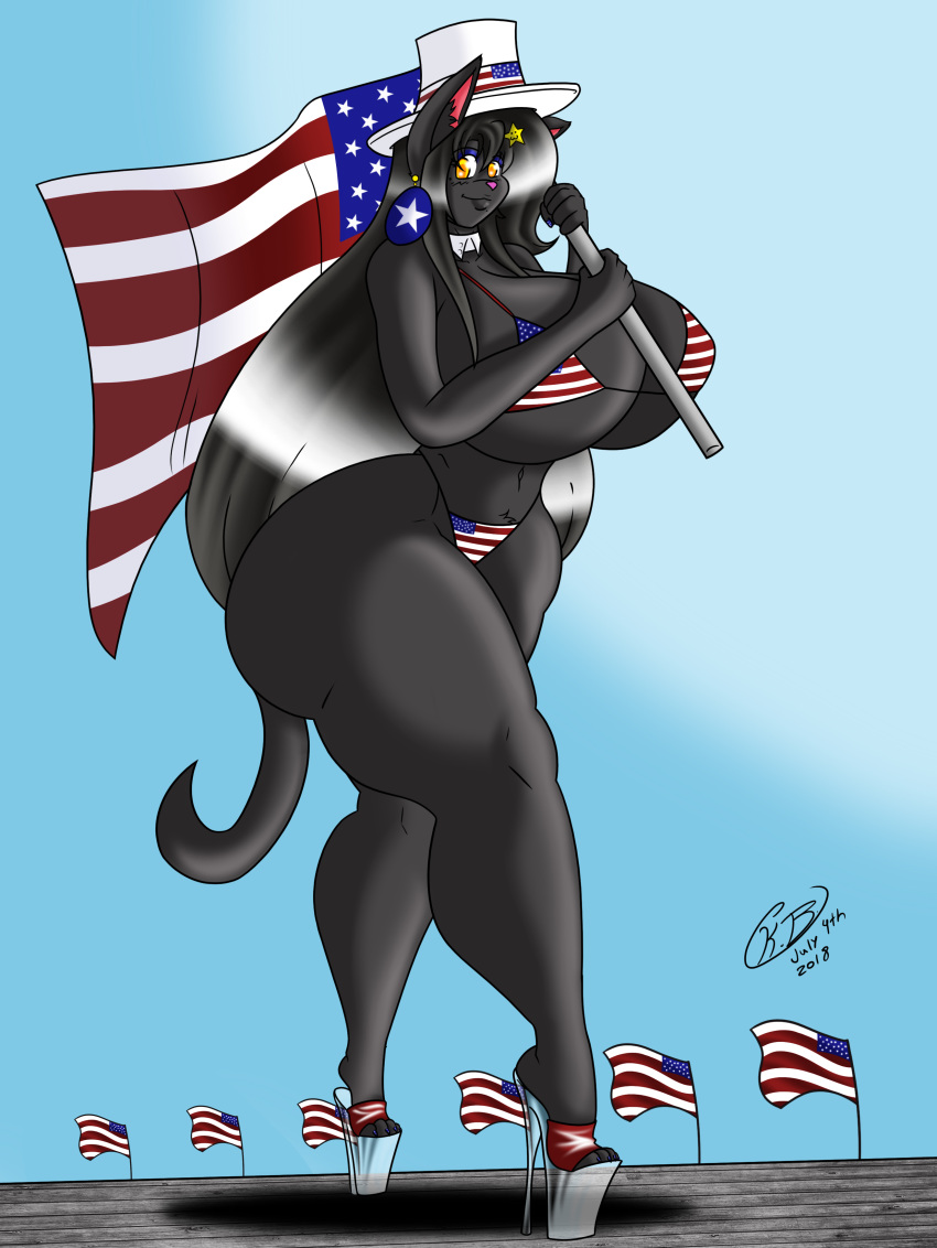 big_breasts big_butt bikini breasts butt cat cat_walk clothed clothing digital_media_(artwork) feline female flag footwear high_heels huge_breasts krocialblack looking_at_viewer mammal platform_footwear platform_heels shamon_(krocialblack) shoes solo swimsuit thick_thighs