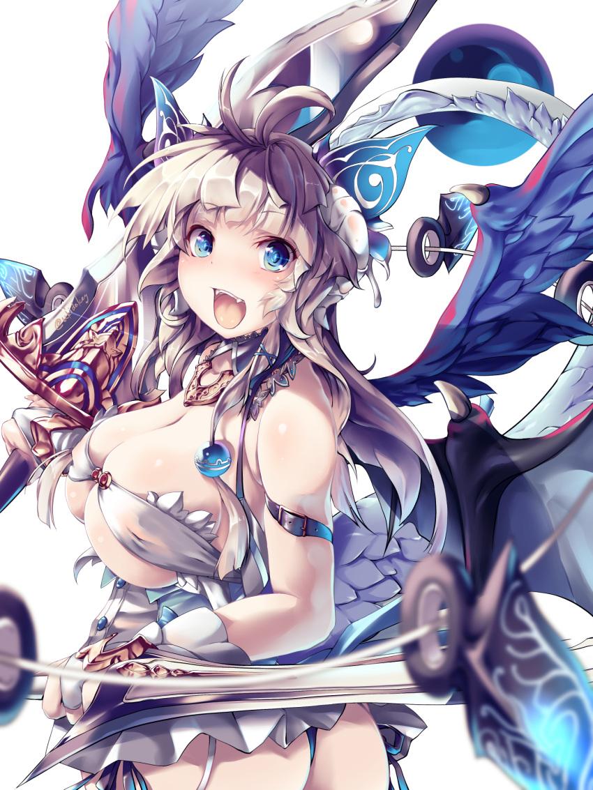 :d antenna_hair anya_(sennen_sensou_aigis) arm_belt ass bare_shoulders blue_eyes breasts cleavage commentary_request dragon_girl dragon_tail fangs gloves hair_ornament highres holding holding_sword holding_weapon kousaka_yami large_breasts open_mouth sennen_sensou_aigis short_hair sidelocks smile solo sword tail twisted_torso twitter_username weapon white_gloves wings