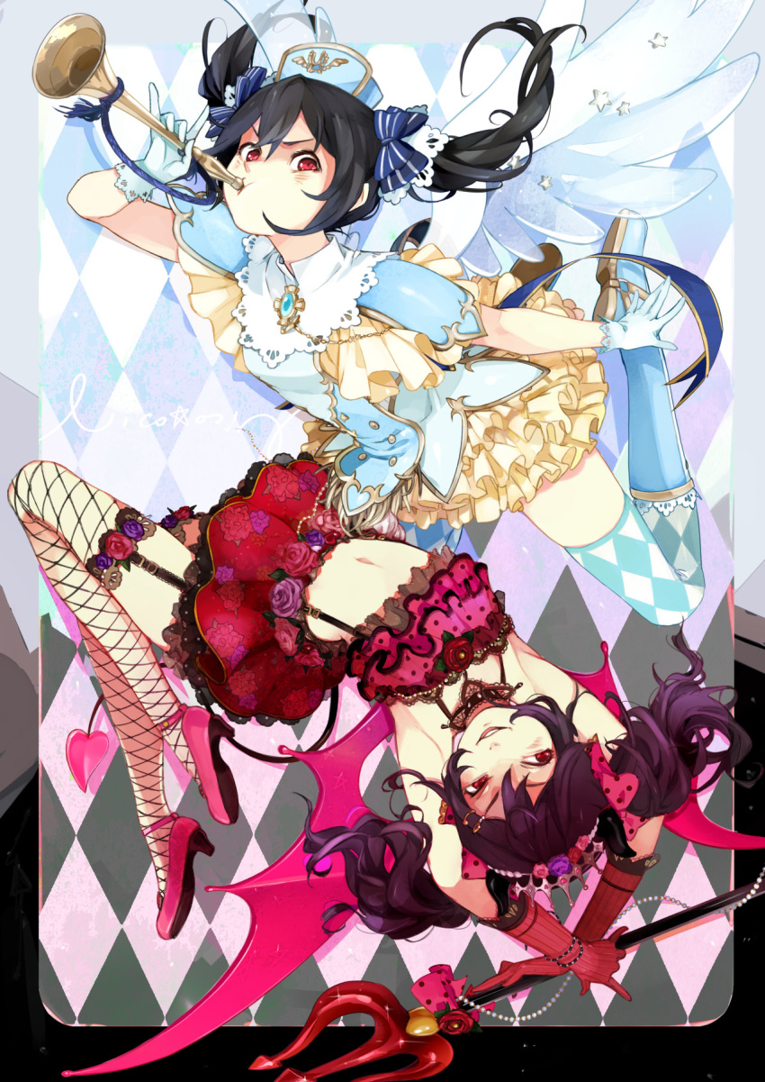 angel angel_and_devil angel_wings ankle_strap argyle argyle_legwear armpits banned_artist black_hair boots breasts commentary demon demon_girl demon_horns demon_tail demon_wings double-breasted dual_persona english_commentary face fishnet_legwear fishnets garter_straps gold_trim highres horns instrument knee_boots lace-trimmed_boots long_hair looking_at_viewer love_live! love_live!_school_idol_project multiple_wings music navel playing_instrument polearm red_eyes seraph small_breasts tail thighhighs_under_boots tribute trident trumpet twintails weapon wings yazawa_nico