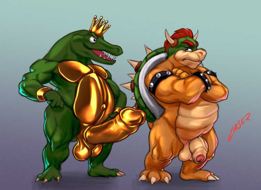 2018 anthro balls barazoku barefoot biceps big_penis bowser claws crocodilian crossed_arms crossover crown donkey_kong_(series) erection flaccid hair hands_on_thighs horn humanoid_penis king king_k_rool koopa kremling laser_(artist) looking_back male mario_bros muscular navel nintendo nude open_mouth pecs penis penis_size_difference reptile royalty scalie sharp_claws sharp_teeth shell smile spikes standing teeth thick_penis thick_thighs toe_claws tongue triceps uncut vein veiny_penis video_games