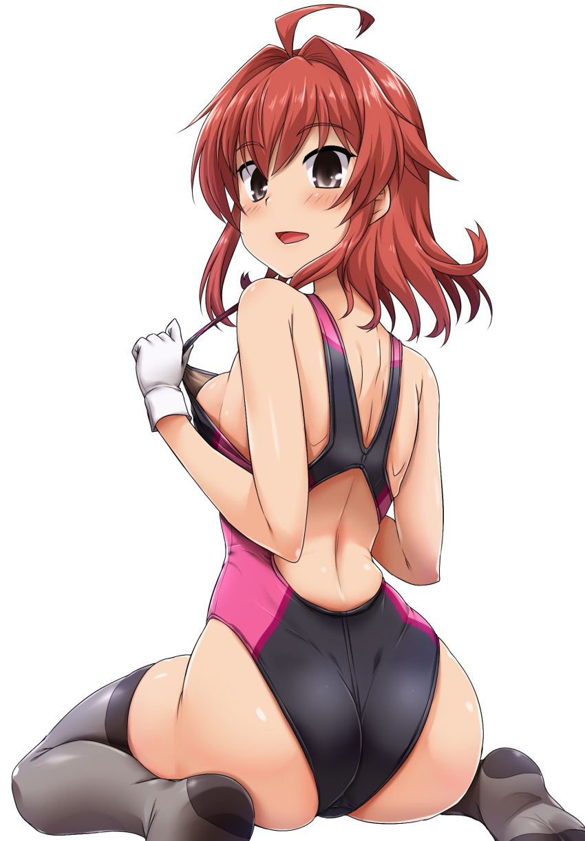 ahoge alternate_costume arashi_(kantai_collection) ass asymmetrical_hair black_eyes black_swimsuit blush breasts competition_swimsuit eyebrows_visible_through_hair from_behind full_body gloves grey_legwear highres kantai_collection looking_at_viewer looking_back messy_hair no_shoes one-piece_swimsuit open_mouth red_hair shiny shiny_clothes shiny_hair shiny_skin shoulder_blades sideboob simple_background sitting skin_tight solo swimsuit thighhighs two-tone_swimsuit wariza white_background white_gloves yoshi_tama