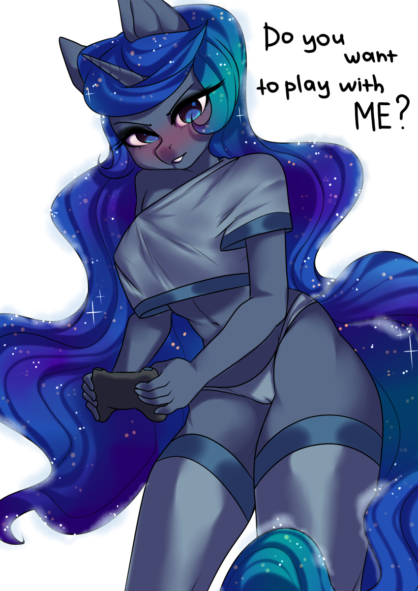 2018 5_fingers ? absurd_res anthro blue_eyes blue_hair blush breasts camel_toe clothed clothing controller dialogue english_text equine eyebrows eyelashes female friendship_is_magic game_controller hair hi_res holding_object horn legwear long_hair looking_at_viewer mammal my_little_pony navel panties portrait princess_luna_(mlp) redraw shirt simple_background solo sparkles standing stockings talking_to_viewer teeth text thigh_highs three-quarter_portrait underwear unicorn white_background yukomaussi