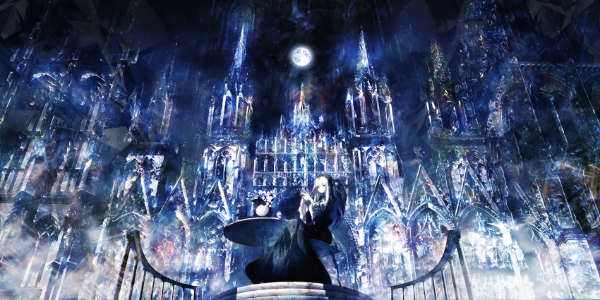 absurdres architecture armchair arms_up black_dress bow bowtie breasts c.c.r_(ccrgaoooo) chair cloud cloudy_sky cup dress flower flower_pot food full_moon gothic gothic_architecture gothic_lolita grey_hair hair_ornament hair_ribbon heterochromia highres holding holding_cup huge_filesize lolita_fashion long_dress long_hair long_sleeves looking_at_viewer moon multicolored_hair night night_sky original outdoors plant potted_plant red_eyes ribbon scenery shirt sitting sky smile solo sweets table teacup teapot tower twintails veil white_hair white_shirt wide_sleeves