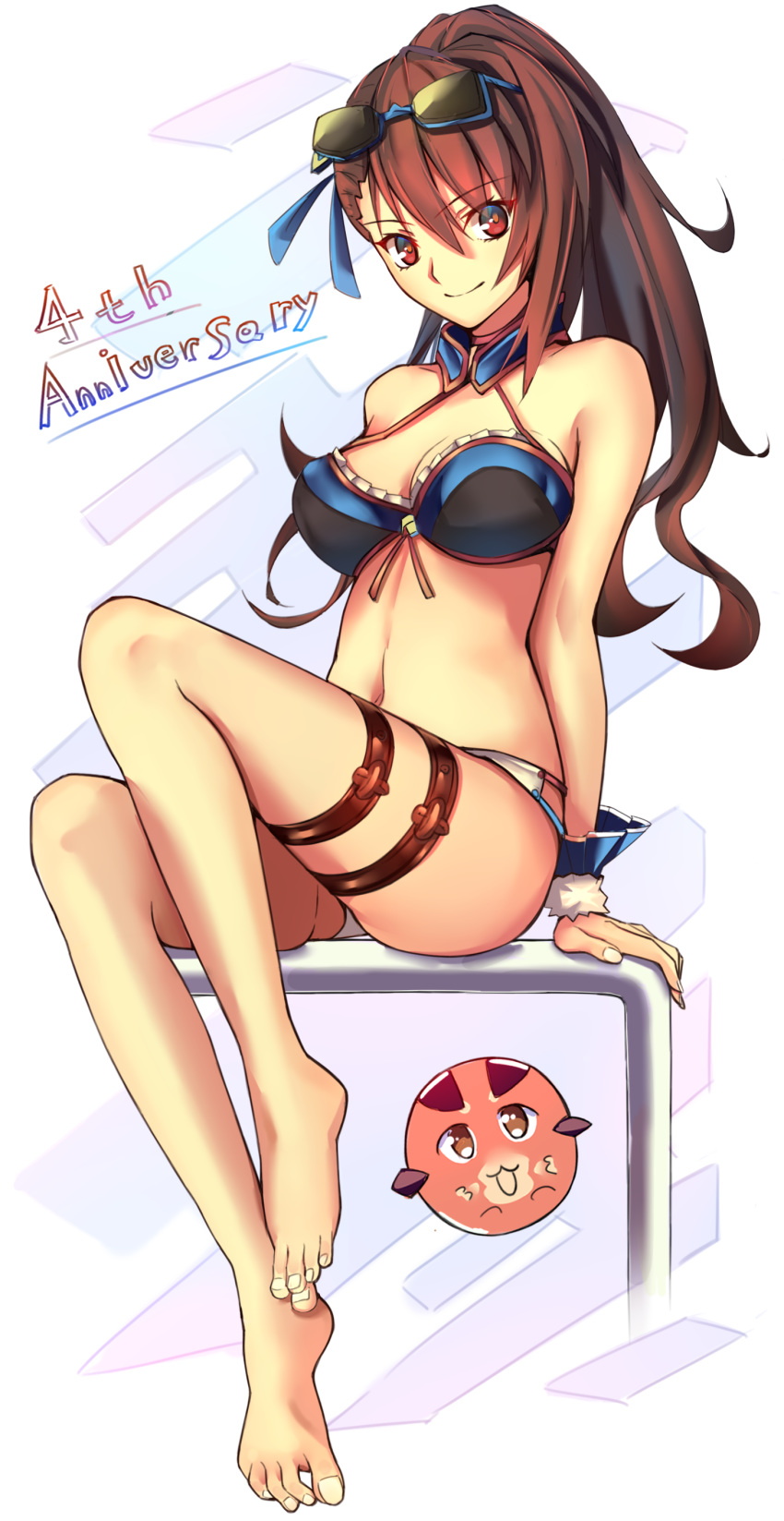 1girl absurdres arm_support bad_feet barefoot beatrix_(granblue_fantasy) bikini blue-framed_eyewear blue_ribbon breasts brown_hair cleavage commentary_request eyewear_on_head full_body granblue_fantasy hair_between_eyes hair_ribbon halterneck high_ponytail highres long_hair looking_at_viewer medium_breasts red_eyes ribbon simple_background sitting smile solo sunglasses swimsuit thigh_strap very_long_hair white_background wrist_cuffs yuchio