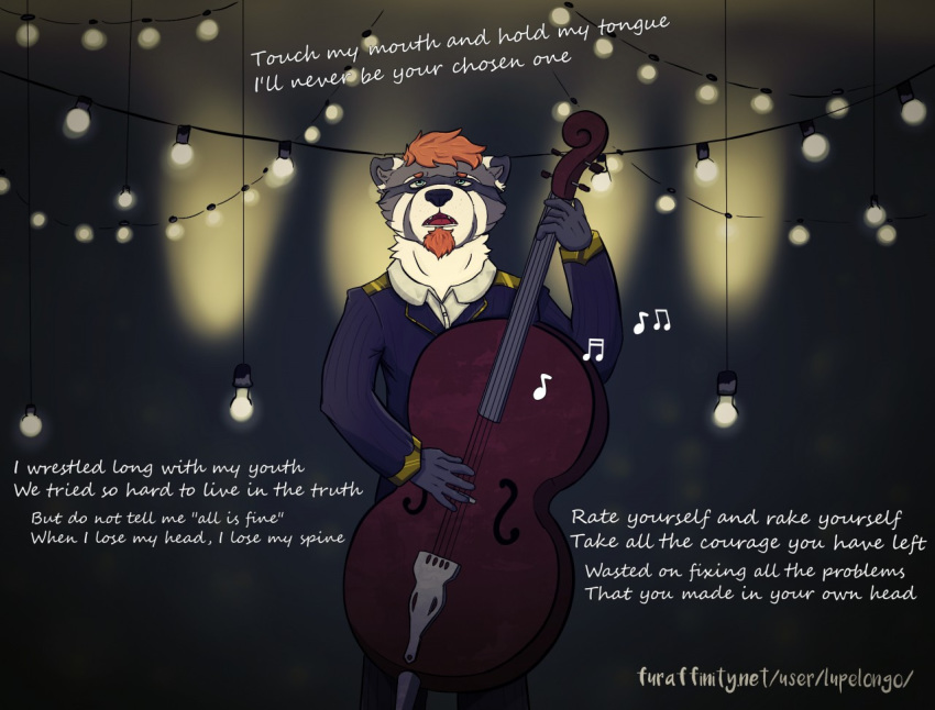 2018 cello clothed clothing digital_media_(artwork) english_text hair hi_res looking_up lupelongo male mammal music musical_instrument musical_note open_mouth procyonid raccoon red_panda sad simple_background singing solo standing text