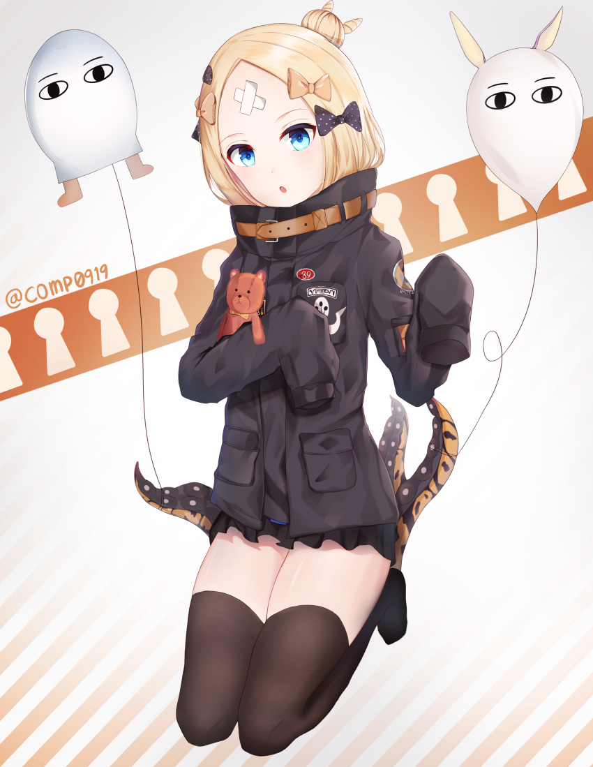 abigail_williams_(fate/grand_order) absurdres animal_print bangs black_bow black_jacket black_legwear blonde_hair blue_eyes blush bow commentary_request crossed_bandaids diagonal_stripes ds_a fate/grand_order fate_(series) hair_bow hair_bun hands_up head_tilt heroic_spirit_traveling_outfit highres jacket key keyhole long_hair long_sleeves looking_at_viewer medjed no_shoes object_hug orange_bow parted_bangs parted_lips polka_dot polka_dot_bow sleeves_past_fingers sleeves_past_wrists solo striped stuffed_animal stuffed_toy suction_cups teddy_bear tentacles thighhighs tiger_print twitter_username