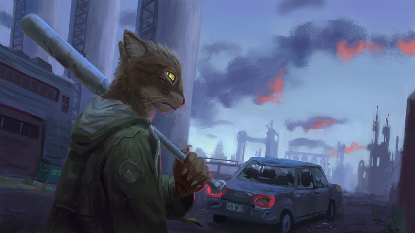 2018 5_fingers anthro baseball_bat car cat claws clothed clothing cloud digital_media_(artwork) feline hoodie looking_at_viewer mammal outside sky solo spectrumshift vehicle whiskers