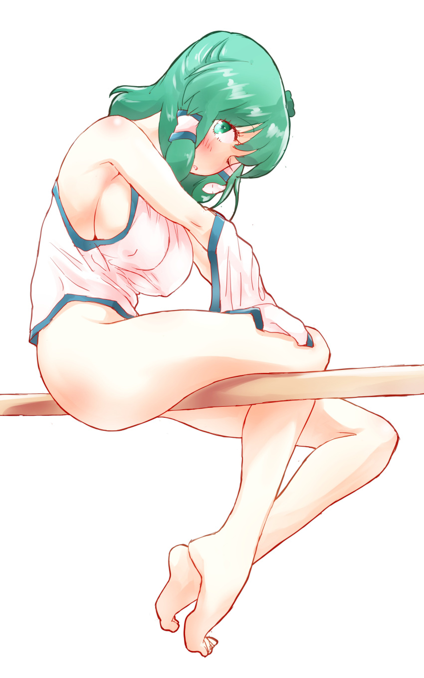 absurdres barefoot between_thighs blush bottomless breasts covered_nipples eyebrows_visible_through_hair green_eyes green_hair hair_ornament hair_tubes highres kochiya_sanae large_breasts long_hair looking_at_viewer no_bra non_(z-art) one_eye_closed open_mouth parted_lips sideboob sitting touhou undressing