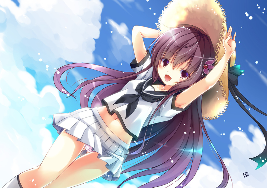 alternate_costume blue_sky blush breasts day eyebrows_visible_through_hair hair_between_eyes hair_ornament hat kamiya_yuuji kantai_collection kisaragi_(kantai_collection) long_hair looking_at_viewer midriff miniskirt navel open_mouth panties pantyshot pink_panties pleated_skirt purple_eyes purple_hair school_uniform serafuku skirt sky small_breasts solo straw_hat underwear white_legwear white_skirt