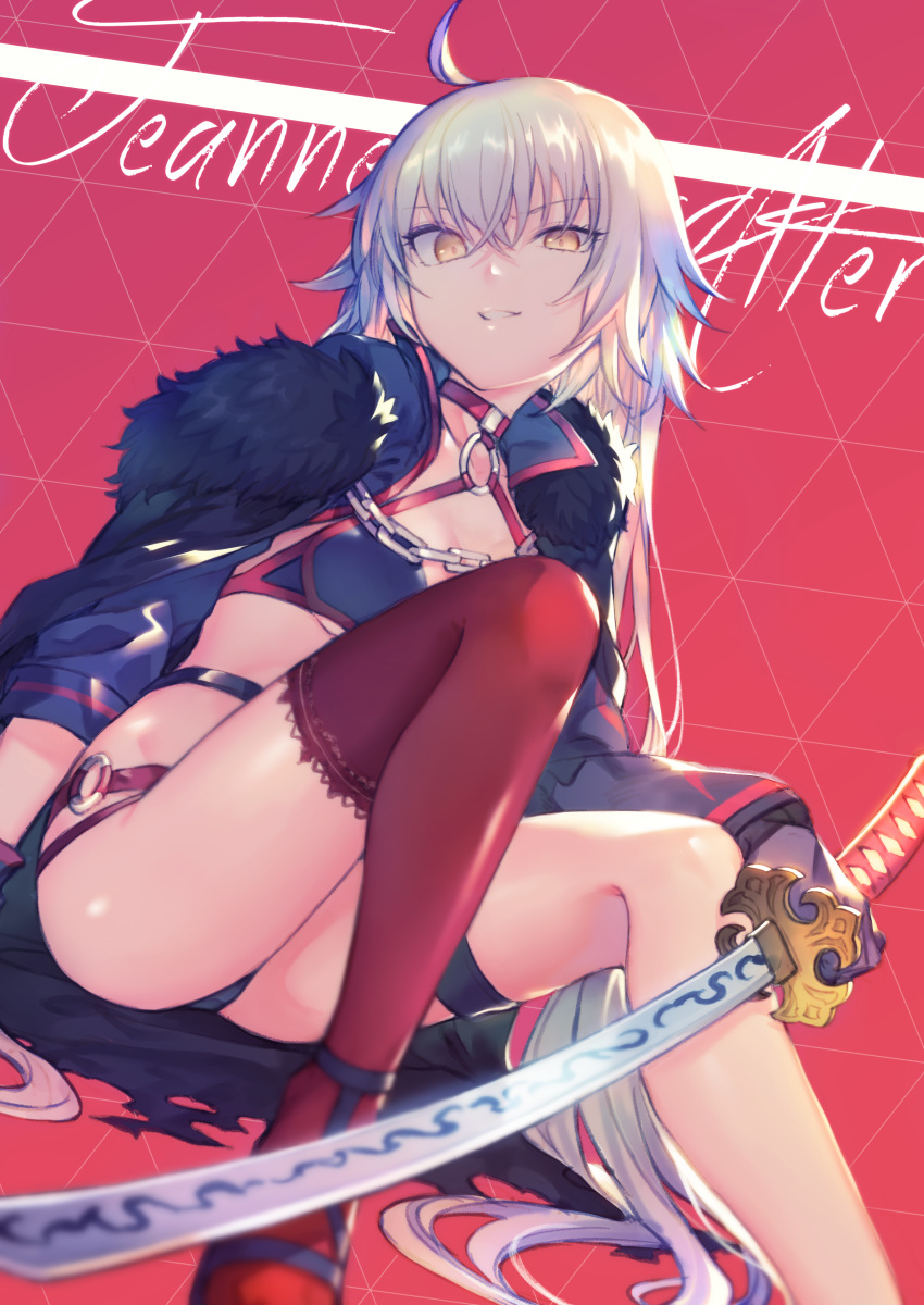 absurdres ahoge black_footwear black_gloves black_panties cape collar commentary_request en@rain fate/grand_order fate_(series) gloves highres jeanne_d'arc_(alter_swimsuit_berserker) jeanne_d'arc_(fate)_(all) katana long_hair looking_at_viewer o-ring o-ring_bikini o-ring_bottom o-ring_panties o-ring_swimsuit panties red_background red_legwear sandals shrug_(clothing) silver_hair single_thighhigh sitting smug solo swimsuit sword thighhighs underwear very_long_hair weapon yellow_eyes