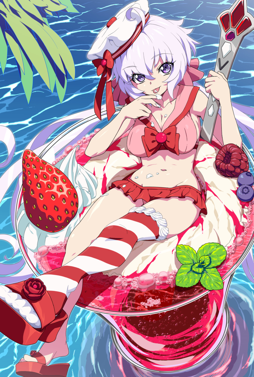 absurdres ahoge bikini blueberry breasts commentary_request dessert eyebrows_visible_through_hair food frilled_bikini frills fruit hat highres ice_cream large_breasts long_hair looking_at_viewer low_twintails navel purple_eyes red_bikini senki_zesshou_symphogear shiny shiny_hair shiny_skin silver_hair single_thighhigh sitting solo spoon strawberry striped striped_legwear swimsuit thighhighs tongue tongue_out twintails uganda water yukine_chris