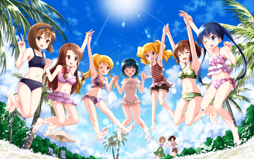 :d ;d ^_^ alice_cartelet arms_up barefoot beach beach_chair beach_umbrella bikini bikini_skirt blonde_hair blue_eyes blue_hair blue_sky blush braid brown_eyes brown_hair closed_eyes cloud commentary_request day frilled_swimsuit frills highres higurashi_kana holding_hands inokuma_youko jumping karasuma_sakura kin-iro_mosaic komichi_aya kujou_karen kuzehashi_akari long_hair matsubara_honoka multiple_girls navel one-piece_swimsuit one_eye_closed oomiya_shinobu open_mouth outdoors palm_tree ponytail ruu_(tksymkw) short_hair shorts side_braid sky smile sun sunlight swimsuit tree twintails umbrella v