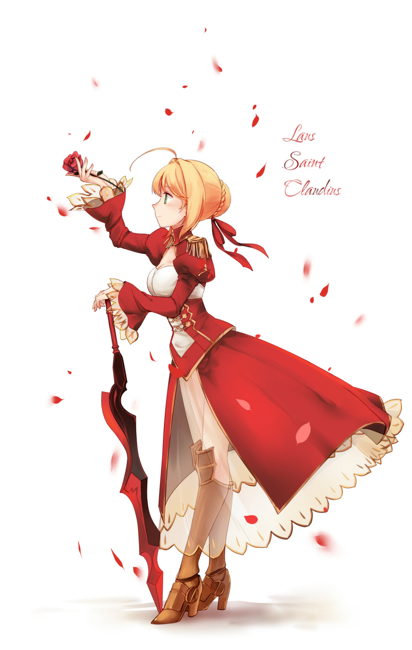 aestus_estus ahoge armored_boots blonde_hair boots breasts brown_footwear cleavage dress fate/extra fate_(series) flower from_side full_body hair_ribbon hand_on_hilt high_heel_boots high_heels highres holding holding_flower knee_boots medium_breasts nero_claudius_(fate) nero_claudius_(fate)_(all) petals red_flower red_footwear red_ribbon ribbon see-through simple_background solo standing sword tied_hair weapon white_background yorktown_cv-5