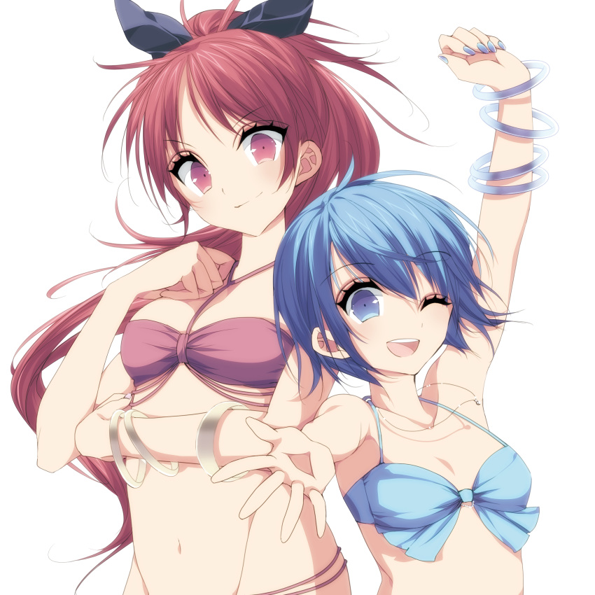 absurdres bad_id bad_pixiv_id bikini blue_bikini blue_eyes blue_hair blue_nails bracelet breasts comiket_94 commentary_request highres jewelry long_hair looking_at_viewer mahou_shoujo_madoka_magica miki_sayaka misteor multiple_girls nail_polish navel necklace one_eye_closed open_mouth ponytail print_bikini red_bikini red_eyes red_hair sakura_kyouko short_hair sidelocks simple_background smile swimsuit white_background