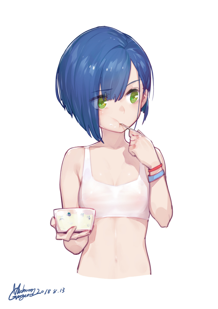 absurdres blue_hair breasts commentary crop_top cropped_torso darling_in_the_franxx dated eating eyebrows_visible_through_hair eyes_visible_through_hair food food_on_face gorgeous_mushroom green_eyes hair_ornament hairclip highres ichigo_(darling_in_the_franxx) looking_away md5_mismatch short_hair signature simple_background small_breasts solo spoon_in_mouth stomach upper_body white_background white_tank_top wristband