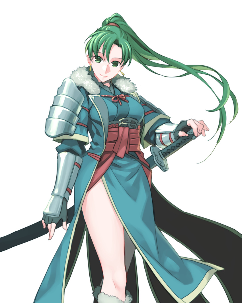 asymmetrical_bangs bangs breasts coat cowboy_shot dress earrings fingerless_gloves fire_emblem fire_emblem:_kakusei fire_emblem:_rekka_no_ken fur-trimmed_boots fur-trimmed_coat fur_trim gauntlets gloves green_eyes green_hair hand_on_hilt highres japanese_armor jewelry katana kori_(etinop) long_hair long_sleeves looking_at_viewer lyndis_(fire_emblem) medium_breasts pelvic_curtain ponytail sash scabbard sheath sheathed shoulder_armor side_slit simple_background smile sword thighs weapon white_background