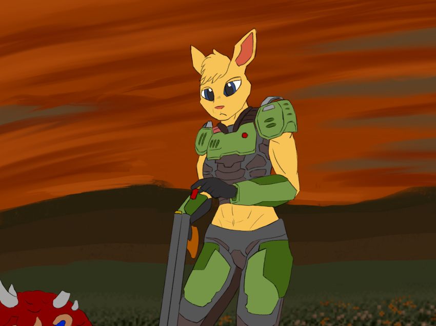 2018 anthro armor blue_eyes daisy_(doom) digital_media_(artwork) doom female fur gun lagomorph mammal rabbit ranged_weapon shotgun shotgun_shell solo sonozuchi video_games weapon