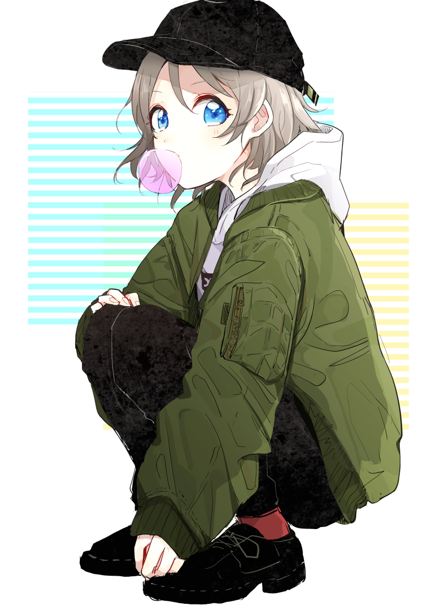 absurdres baseball_cap black_footwear black_hat black_pants blue_eyes bubble_blowing chewing_gum green_jacket grey_hair hand_on_own_knee hat highres hood hood_down hoodie jacket long_sleeves looking_at_viewer love_live! love_live!_sunshine!! mugi_(8ig6) pants pocket red_legwear short_hair socks solo squatting watanabe_you white_hoodie