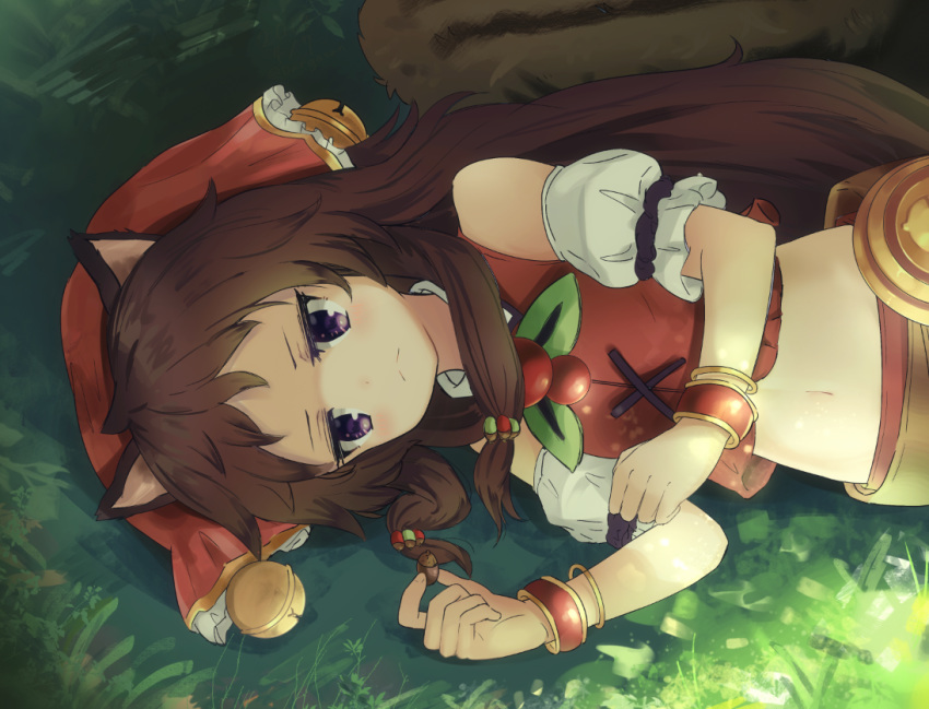 1girl animal_ears bangs bare_shoulders bell belt blush bracelet brown_hair chestnut closed_mouth commentary_request crop_top dargo detached_sleeves frown grass hair_ornament headdress jewelry jingle_bell jitome leaf long_hair looking_at_viewer lying midriff morichika_rin navel on_side outdoors princess_connect! princess_connect!_re:dive puffy_short_sleeves puffy_sleeves purple_eyes red_shirt shirt short_sleeves solo squirrel_ears squirrel_tail stomach tail
