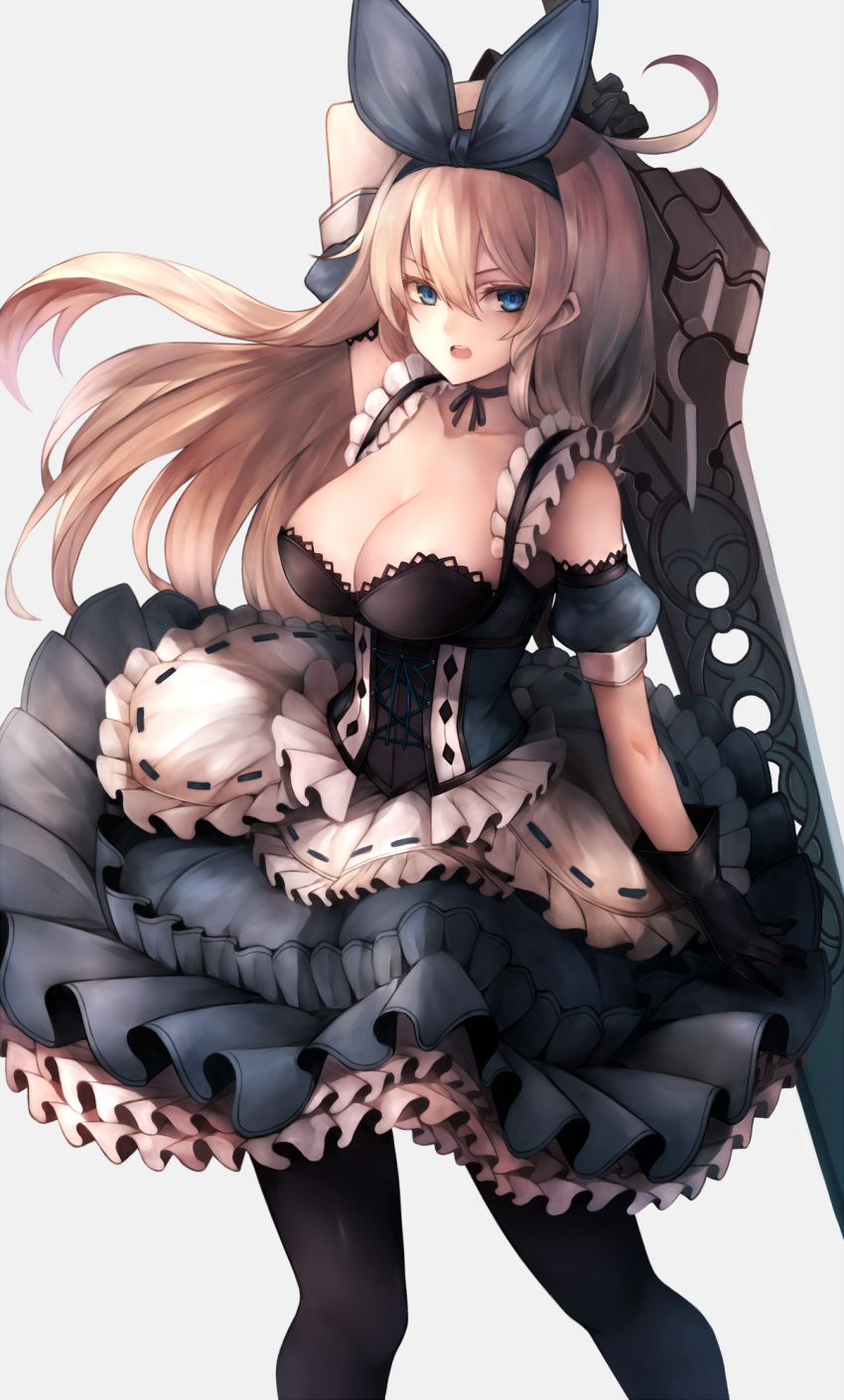 :d ahoge apron arm_up bangs black_choker black_gloves black_hairband black_legwear black_ribbon blonde_hair blue_dress blue_eyes breasts choker cleavage collarbone commentary_request corset detached_sleeves dress frilled_apron frilled_dress frills gloves gradient gradient_background hair_between_eyes hair_ribbon hairband highres holding holding_sword holding_weapon inaba_sunimi large_breasts layered_dress long_hair looking_at_viewer open_mouth original pantyhose puffy_short_sleeves puffy_sleeves ribbon ribbon-trimmed_apron ribbon_choker ribbon_trim short_sleeves simple_background single_sidelock smile solo standing sword v-shaped_eyebrows weapon white_apron white_background