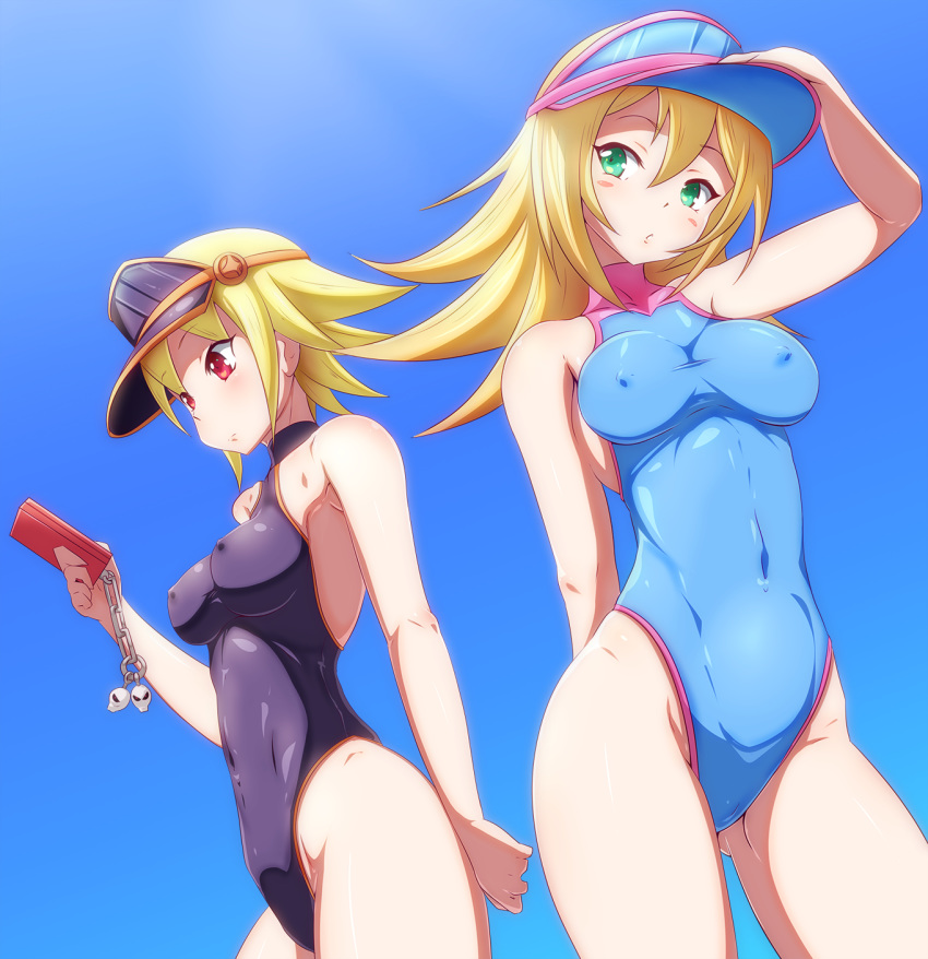 blonde_hair blue_background blush breasts cellphone commentary_request covered_navel covered_nipples danpu dark_magician_girl gagaga_girl green_eyes highleg highleg_swimsuit highres looking_at_another medium_breasts multiple_girls one-piece_swimsuit phone red_eyes short_hair skull standing swimsuit visor_cap yuu-gi-ou