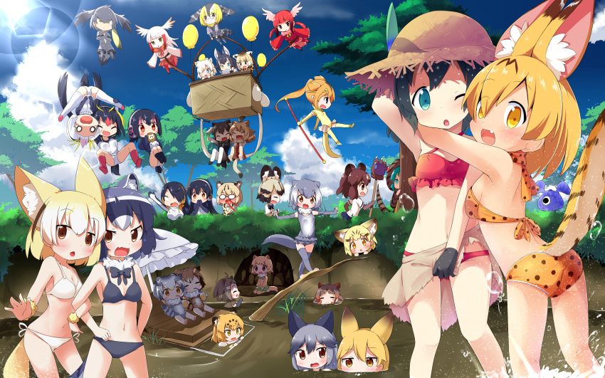 absurdres african_wild_dog_(kemono_friends) alpaca_suri_(kemono_friends) american_beaver_(kemono_friends) animal_ears balloon bikini black-tailed_prairie_dog_(kemono_friends) black_gloves blonde_hair blood blue_sky brown_bear_(kemono_friends) brown_eyes campo_flicker_(kemono_friends) cat_ears cerulean_(kemono_friends) cloud commentary_request common_raccoon_(kemono_friends) day emperor_penguin_(kemono_friends) eurasian_eagle_owl_(kemono_friends) everyone extra_ears ezo_red_fox_(kemono_friends) fennec_(kemono_friends) fox_ears fox_tail gentoo_penguin_(kemono_friends) gloves golden_snub-nosed_monkey_(kemono_friends) green_eyes grey_bikini grey_hair grey_wolf_(kemono_friends) hat head_wings highres hippopotamus_(kemono_friends) hug humboldt_penguin_(kemono_friends) jaguar_(kemono_friends) japanese_crested_ibis_(kemono_friends) kaban_(kemono_friends) kemono_friends kinniku_buster lion_(kemono_friends) long_hair looking_at_viewer makuran margay_(kemono_friends) moose_(kemono_friends) multicolored_hair multiple_girls nature northern_white-faced_owl_(kemono_friends) nosebleed one_eye_closed orange_eyes outdoors print_bikini raccoon_ears raft red_bikini reticulated_giraffe_(kemono_friends) rockhopper_penguin_(kemono_friends) royal_penguin_(kemono_friends) sand_cat_(kemono_friends) scarlet_ibis_(kemono_friends) serval_(kemono_friends) serval_ears serval_print serval_tail shoebill_(kemono_friends) short_hair silver_fox_(kemono_friends) sky small-clawed_otter_(kemono_friends) straw_hat swimsuit tail tree tsuchinoko_(kemono_friends) water white_bikini