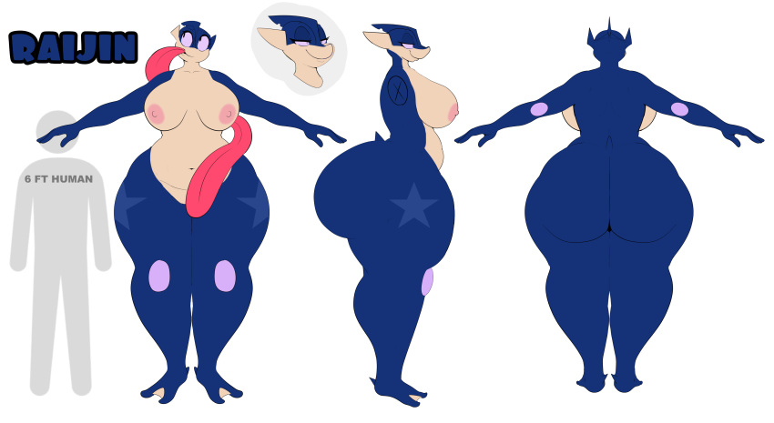 2018 absurd_res amphibian anthro anthrofied athletic belly big_butt big_thighs biped breasts butt capdocks deep_navel digital_media_(artwork) female front_view greninja half-closed_eyes hi_res huge_butt huge_hips hyper hyper_butt larger_female long_tongue model_sheet navel nintendo nude pok&eacute;mon pok&eacute;mon_(species) raijin_(capdocks) rear_view side_view size_difference slightly_chubby smile standing thick_thighs tongue video_games voluptuous wide_hips