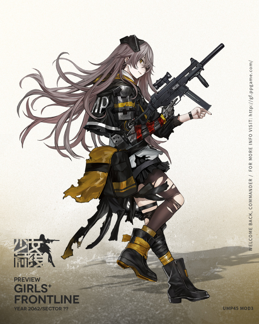 ammunition_pouch ankle_boots armband bag baggy_clothes bangs black_footwear black_gloves black_jacket black_legwear black_nails blush boots buttons character_name closed_mouth collared_shirt copyright_name crossed_bangs damaged exoskeleton floating_hair from_side full_body girls_frontline gloves gun h&amp;k_ump h&amp;k_ump45 hair_ornament hand_up headgear heckler_&amp;_koch highres holding holding_gun holding_weapon holster hood hood_down hooded_jacket jacket leg_up leg_wrap logo long_hair looking_at_viewer looking_away looking_back mechanical_arm mod3_(girls_frontline) nail_polish necktie nose_blush official_art one_eye_closed one_side_up open_clothes open_jacket pantyhose pleated_skirt pouch ribbon scar scar_across_eye shirt sidelocks silver_hair single_glove single_knee_pad single_pantyhose skirt smile solo standing strap submachine_gun suppressor thigh_strap thighhighs torn_bag torn_clothes torn_jacket torn_legwear trigger_discipline ump45_(girls_frontline) untucked_shirt vertical_foregrip very_long_hair weapon white_shirt wristband yellow_eyes yellow_neckwear zagala