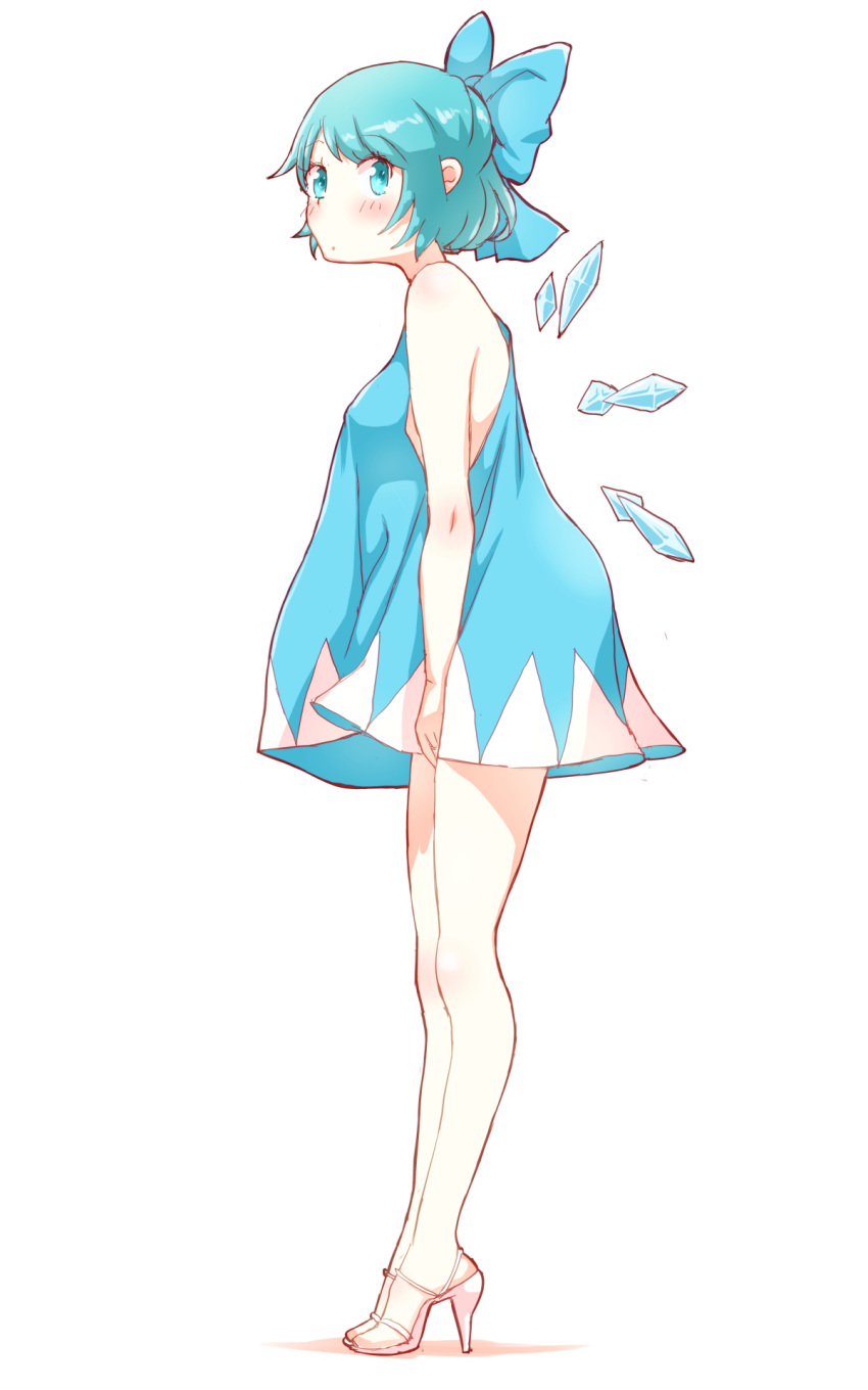 blue_eyes blue_hair blush bow breasts cirno commentary_request dress hair_bow high_heels highres ice ice_wings looking_at_viewer medium_breasts non_(z-art) short_hair simple_background sleeveless sleeveless_dress touhou wings