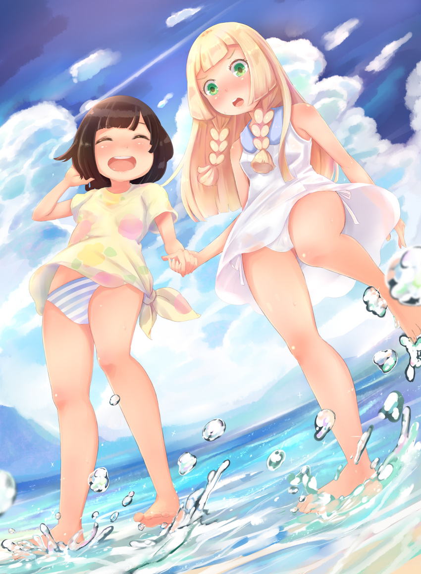 beach black_hair blonde_hair braid comiket_94 commentary_request day dress green_eyes highres holding_hands lillie_(pokemon) long_hair mizuki_(pokemon) multiple_girls no_pants ocean open_mouth panties pantyshot pantyshot_(standing) pokemon pokemon_(game) pokemon_sm shirt smile standing striped striped_panties tied_shirt twin_braids underwear white_panties yuno_(mioalice)