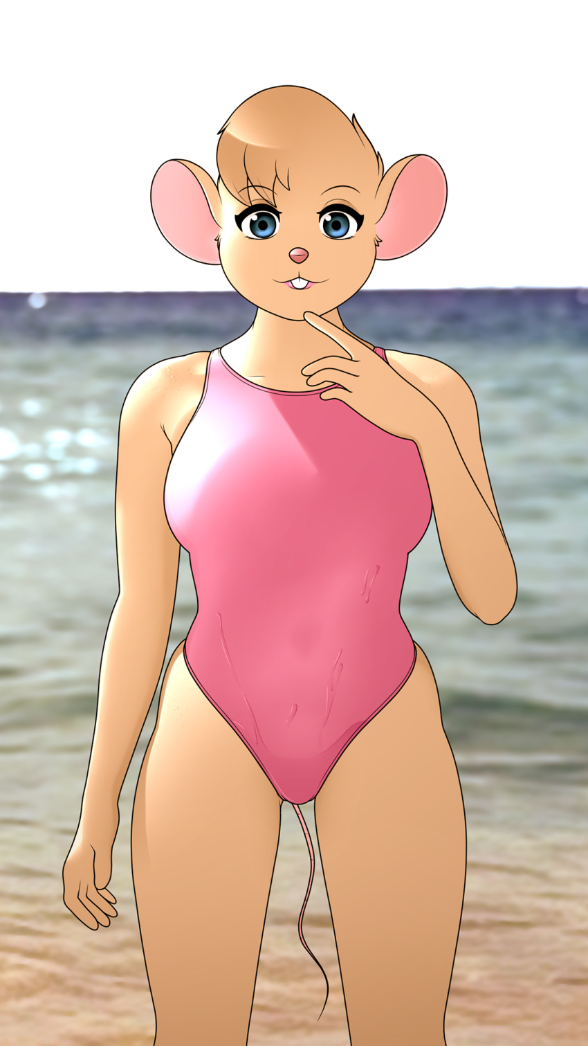 2018 anthro big_breasts blue_eyes breasts buffbumblebee_(artist) clothed clothing digital_drawing_(artwork) digital_media_(artwork) eyebrows eyelashes female front_view fur hair hi_res looking_at_viewer mammal mouse one-piece_swimsuit outside rodent sea sky small_breasts smile solo standing swimsuit teeth water