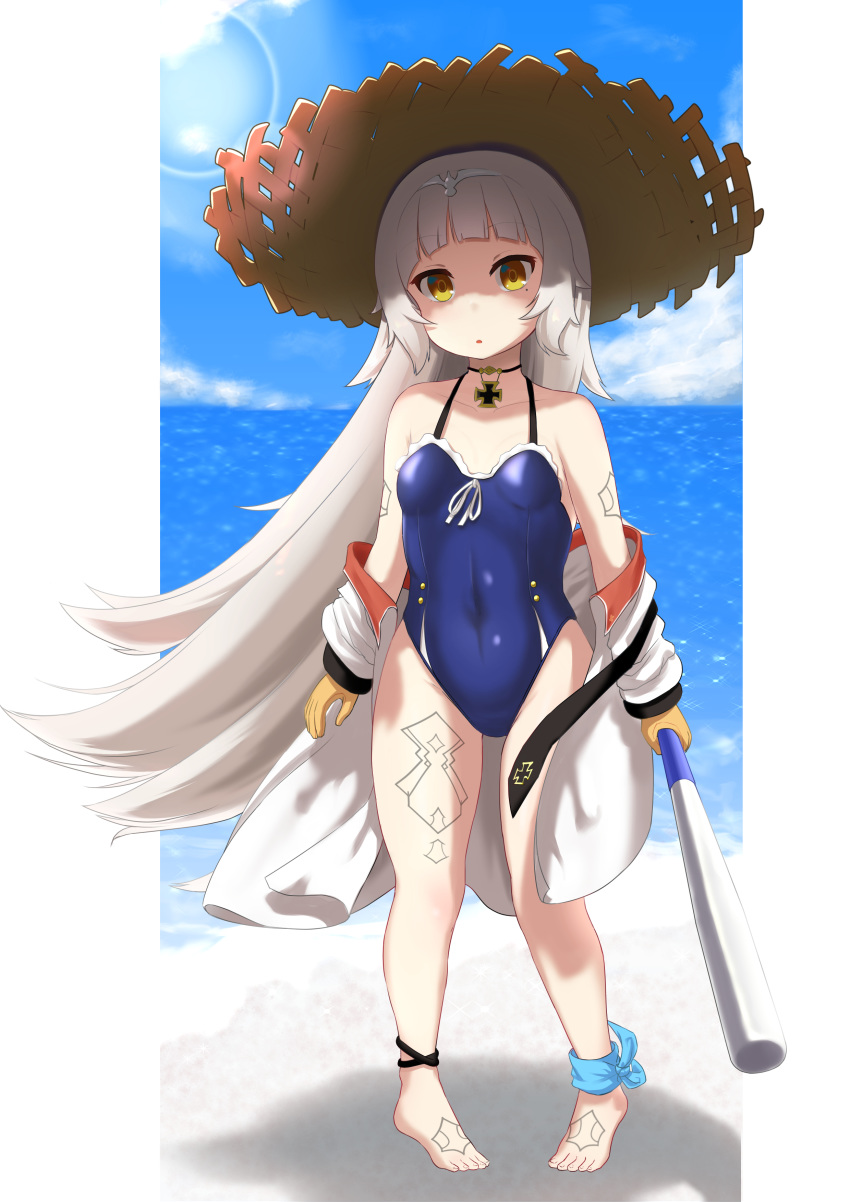 :o absurdres azur_lane bangs bare_shoulders barefoot baseball_bat beach blue_sky blue_swimsuit blush brown_eyes brown_gloves casual_one-piece_swimsuit cloud collarbone commentary_request covered_navel day eyebrows_visible_through_hair gloves hat headpiece highres holding holding_baseball_bat horizon iron_cross jacket long_hair long_sleeves looking_at_viewer mogamiya_yuu mole mole_under_eye ocean off_shoulder one-piece_swimsuit parted_lips pigeon-toed sand silver_hair sky solo standing straw_hat sun_hat swimsuit toenails very_long_hair water white_jacket z46_(azur_lane)