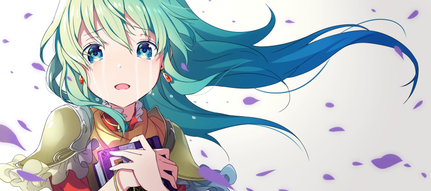 aqua_hair blue_eyes book bracelet commentary_request crying crying_with_eyes_open earrings eirika fire_emblem fire_emblem:_seima_no_kouseki fire_emblem_heroes highres holding holding_book jewelry long_hair open_mouth petals ringozaka_mariko shoulder_armor simple_background solo tears white_background