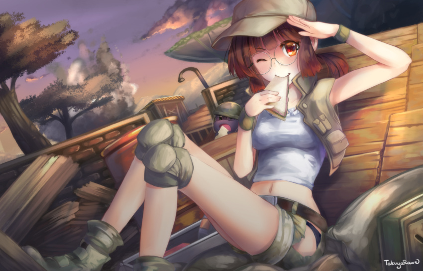 1girl artist_name baseball_cap belt black_panties boots bracelet breasts brown_eyes brown_hair cloud cloudy_sky collarbone crop_top crop_top_overhang eating eyebrows_visible_through_hair fio_germi food glasses green_footwear green_hat green_shorts green_vest hat jewelry knee_pads knees_up lamppost medium_breasts metal_slug midriff military navel one_eye_closed outdoors panties ponytail purple_sky salute sandwich shirt short_shorts shorts sitting sky solo takuyarawr tank_(container) tank_top thighs tree underwear vest weapon white_shirt wood