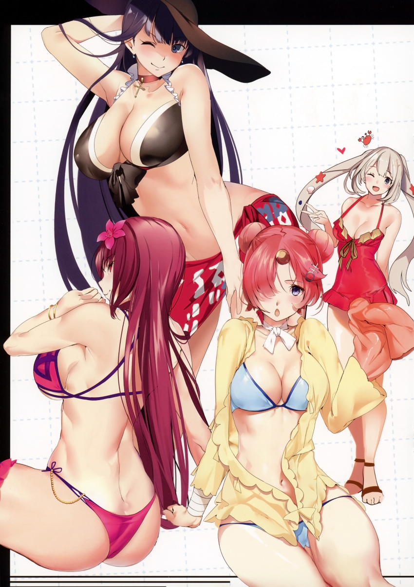 :o ;) ;d absurdres bare_shoulders blush bracelet breasts casual_one-piece_swimsuit cleavage collar collarbone double_bun earrings fate/grand_order fate_(series) flower frankenstein's_monster_(fate) frankenstein's_monster_(swimsuit_saber)_(fate) hair_flower hair_ornament hair_over_one_eye hat hibiscus highres horn jewelry large_breasts long_sleeves looking_at_viewer looking_back marie_antoinette_(fate/grand_order) marie_antoinette_(swimsuit_caster)_(fate) marushin_(denwa0214) multiple_girls navel one-piece_swimsuit one_eye_closed open_mouth saint_martha saint_martha_(swimsuit_ruler)_(fate) scan scathach_(fate)_(all) scathach_(swimsuit_assassin)_(fate) shiny shiny_skin sideboob simple_background sitting smile sun_hat swimsuit thighs twintails v