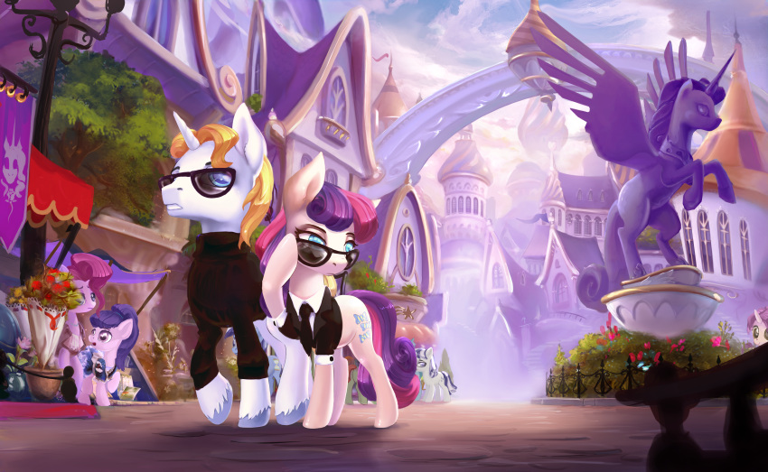2018 absurd_res amazing_background blonde_hair blue_eyes bonbon_(mlp) building castle city clothed clothing cloud cutie_mark detailed_background devinian duo_focus earth_pony equine eyebrows eyelashes eyewear fan_character female feral flower friendship_is_magic group hair hi_res hooves horn horse male mammal midnight_emissary multicolored_hair my_little_pony necktie outside plant pony purple_hair scenery scenery_porn sculpture sky spy statue street_lamp suit sunglasses teeth turtleneck twilight_velvet_(mlp) two_tone_hair unicorn walking
