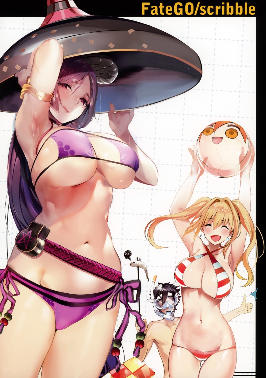 2girls absurdres armlet armpits ball beachball bikini blonde_hair breasts brown_hair character_request cleavage closed_eyes diving_mask earrings eyepatch_bikini fate/grand_order fate_(series) fish fujimaru_ritsuka_(female) fujimaru_ritsuka_(male) halterneck hat highres holding jewelry large_breasts looking_at_viewer marushin_(denwa0214) mature minamoto_no_raikou_(fate/grand_order) minamoto_no_raikou_(swimsuit_lancer)_(fate) multiple_girls navel nero_claudius_(fate)_(all) nero_claudius_(swimsuit_caster)_(fate) open_mouth purple_bikini scan see-through short_hair side-tie_bikini simple_background smile snorkel striped striped_bikini swimsuit thumbs_up tongue tongue_out twintails