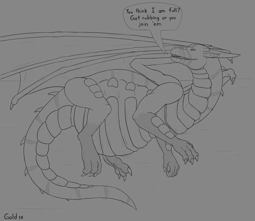 arkady belly dragon dragongold hi_res plates post_vore speech_bubble stomach teasing vore