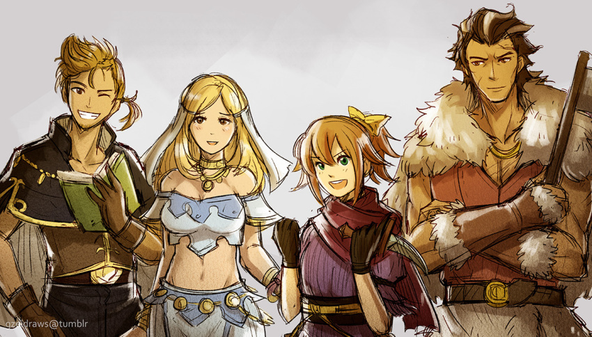 2girls alfyn_(octopath_traveler) alternate_costume blonde_hair blush bracelet brown_hair dancer dress gloves green_eyes gzei hair_over_one_eye hat jewelry long_hair midriff multiple_boys multiple_girls navel necklace octopath_traveler olberic_eisenberg one_eye_closed open_mouth ophilia_(octopath_traveler) ponytail short_hair simple_background smile trait_connection tressa_(octopath_traveler)