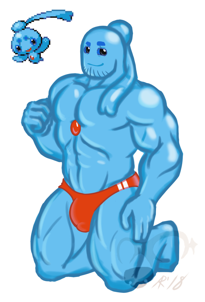 2018 4_fingers abs anso/rez anthro anthrofied biceps blue_body bulge clothed clothing digital_media_(artwork) facial_hair goo_creature hi_res kneeling legendary_pok&eacute;mon looking_at_viewer male muscular muscular_male nintendo pecs penis_outline phione pok&eacute;mon pok&eacute;mon_(species) pok&eacute;morph ponytail smile solo speedo swimsuit topless translucent_body underwear video_games