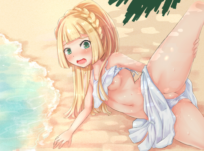 1girl arm_support beach bikini bikini_lift bikini_skirt blonde_hair blush braid breasts chestnut_mouth creatures_(company) drooling female french_braid game_freak green_eyes lillie_(pokemon) long_hair lying navel nintendo nipples on_side open_mouth outdoors partially_visible_vulva pokemon pokemon_(anime) pokemon_sm_(anime) ponytail pussy_juice saliva shiny shiny_hair shiny_skin small_breasts solo spread_legs sweat swimsuit teeth tied_hair water white_bikini yuno_(mioalice)